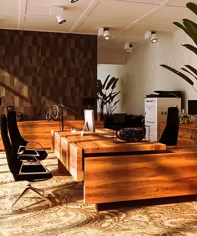 Sala de reuniões do escritório Moreira e Bastos, com mesa de madeira, poltronas e plantas.
